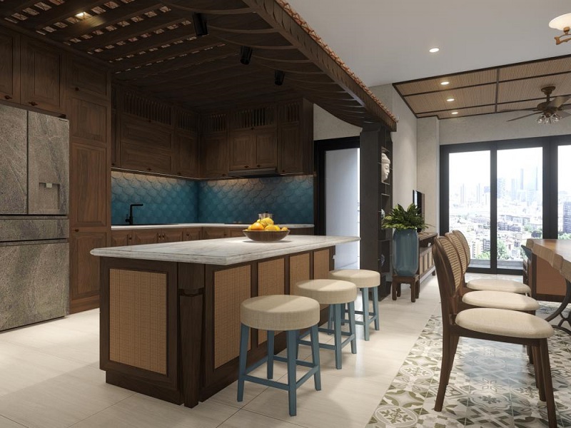 Mẫu nhà bếp nhỏ đẹp liên thông phòng khách